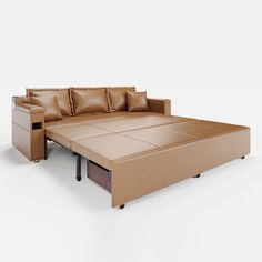 a brown leather couch with two end tables on each side and one arm facing the other