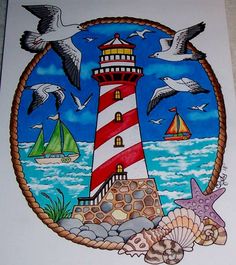 a drawing of a lighthouse with seagulls and seashells on the beach