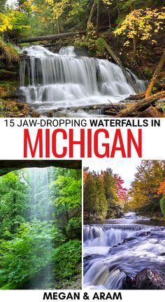 the cover of michigan's 15 jaw - dropping waterfalls in fall and autumn