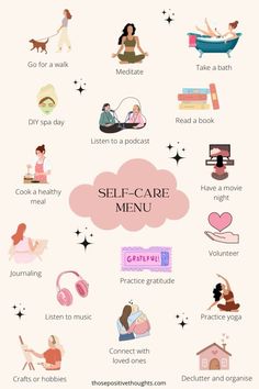 Explore our comprehensive self-care menu to nurture your body, mind, and soul. From morning routines and healthy recipes to mental wellness practices and creative hobbies, find everything you need to create a balanced and fulfilling self-care regimen. Perfect for anyone looking to prioritize their well-being and personal growth  #SelfCare #Wellness #HealthyLiving #Mindfulness #Fitness #HealthyRecipes #Relaxation #MentalHealth #BeautyTips #SleepHygiene How To Maintain Yourself, 2024 Motto, Evening Self Care, Self Care Menu, Habits Aesthetic, Group Stickers, Productive Tips, How To Improve Yourself, Aesthetic Self Care