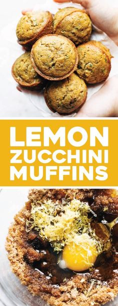 lemon zucchini muffins on a plate with the title overlaying