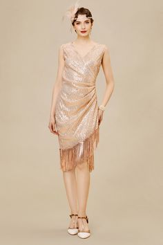 V Neck Tie Sequin Fringe Dress | Rosegold | 2 Sequin Fringe Dress, Themed Dresses, 1920s Headpiece, Flapper Dresses, 1920s Dresses, Dusty Rose Dress, 1920s Dress, Dress Dusty, Fringe Dress