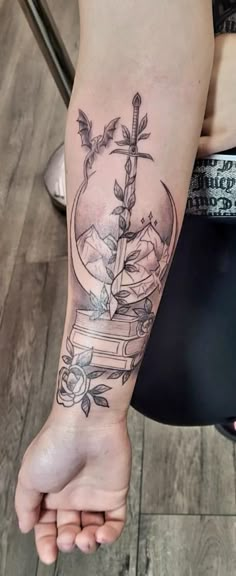 Book Inspired Spine Tattoos, Bookish Half Sleeve Tattoo, Witch Themed Tattoos, Arm Crease Tattoo, Bookshelf Tattoo, Bookish Tattoo Ideas, Tattoos For Readers