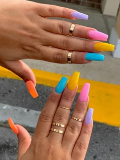 Acrylic Nails 2 Different Colors On Each Hand, Nails 2 Different Colors On Each Hand, Nails Different Colors Each Hand, Two Different Colored Nails On Each Hand, Halloween Nails Designs, Coffin Nail Ideas, Multicolored Nails, 2023 Nail, Gel Acrylic Nails