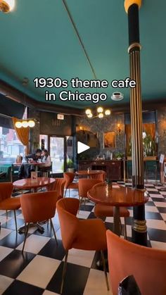 the inside of a restaurant with checkered floor and black and white tiles on the walls