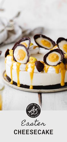 an easter cheesecake with eggs on top