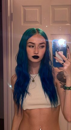 Blue Vivid Hair Color, Blue And Green Streaks In Hair, Alternative Colored Hair, Colored Hair For Pale Skin, Carissa Danielle, Blue Hair Makeup Ideas, Blue Grunge Makeup, Blue Hair Baddie, Blue Hair Outfit Style Clothes