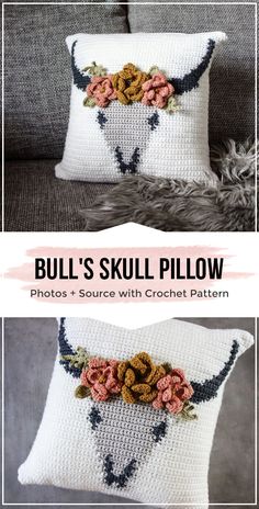 two pillows with flowers on them and the words bull's skull pillow above it