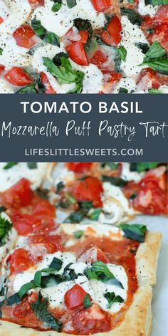 tomato basil mozzarella puff pastry tart with cheese and spinach on top