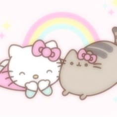 two cartoon cats are standing next to each other in front of a rainbow and stars