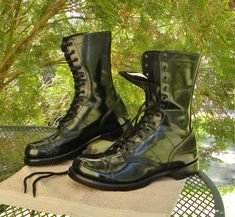 You are viewing a listing for a pair of Authentic vintage Mens US Military Issue Black Leather Paratroopers Jump 1500 BOOTS by Corcoran of Martinsburg, PA in size mens 10D, but measuring your feet is mandatory for a proper fit, then refer to the measurements below! These genuine 10" Corcorans feature:  Spit shine Leather, RARE 12 eyelets (no speed laces), reinforced stitching at stress points, round brogue Capped soft Toes, triple thick goodyear welt outsoles with a rounded edge, Beveled heels and thin winged tongues. The spit-shine leather makes these boots appear more wrinkled than they are. These are sharp, good looking boots. MADE in THE USA! Corcoran still makes these 1500 Boots today and they cost around $265.00. Condition: Look New..maybe a scratch or surface blem from storage but n Jump Boots, Shoes Boots Combat, Cop Uniform, Usa Military, Boots Combat, Mens Leather Boots, Mens Shoes Boots, Goodyear Welt, Mens Leather