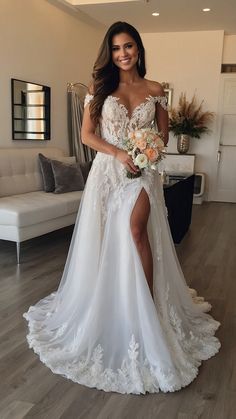 a woman in a white wedding dress posing for the camera with her legs slited