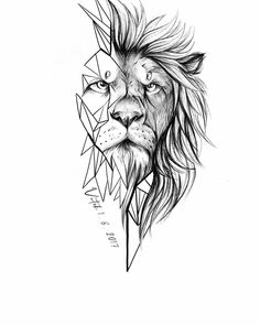 a black and white drawing of a lion's face with geometric shapes around it