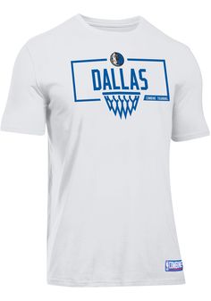 a white t - shirt with the word, dallas on it and a basketball hoop