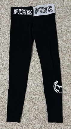 VICTORIA’S SECRET PINK BLACK WHITE LOGO LEGGINGS SIZE SMALL Victroia Secret Leggings, Victoria's Secret Casual Stretch Activewear, Victoria's Secret Casual Leggings, Black White Logo, Favorites List, Outfits With Leggings, Vs Pink, Victoria Secret, Pink Black