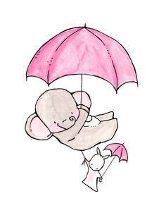 a drawing of a baby elephant holding an umbrella over its head while flying through the air