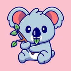 a cartoon koala holding a leaf on a pink background