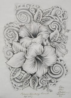 a drawing of a flower with swirls and leaves on the bottom half of it