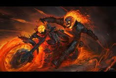 a man riding on the back of a motorcycle with flames coming out of his face