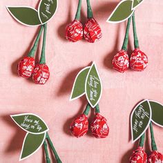 several pieces of candy with leaves and flowers on them are arranged in the shape of cherries