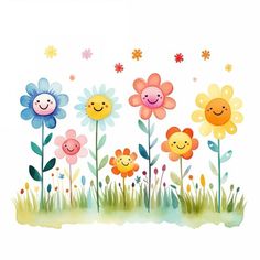 flowers with smiley faces are in the grass