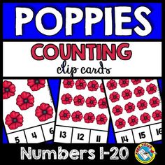 poppies counting clip cards for numbers 1 - 20 with red flowers on black background