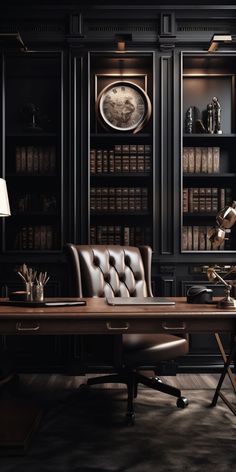 an office with black bookcases, leather chairs and a wooden desk in the middle