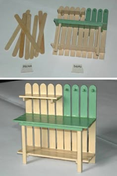 two pictures side by side one with a bench and the other with chairs made out of popsicle sticks