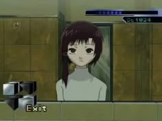 an animated image of a woman standing in front of a mirror with her eyes closed