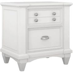 a white nightstand with two drawers on each side