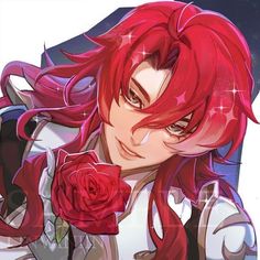 an anime character with red hair holding a rose