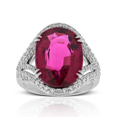 Lines of diamonds accent the shank and surround a lush rubelite tourmaline gemstone to form a ring befit a queen. Elegant Pink Ruby Gemstones, Formal Ruby Ring With Tourmaline Accents, Elegant Red Sapphire Ring, Elegant Red Pink Sapphire Ring, Ring Fit, Perfect Engagement Ring, Tourmaline Gemstone, Ring Size Guide, Oval Diamond