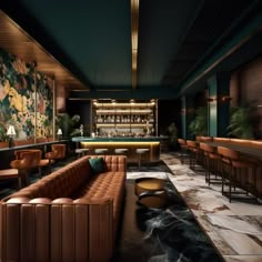 a dimly lit bar with leather couches and tables