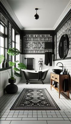 a black and white bathroom with a rug on the floor, sink, mirror and bathtub