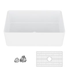 an image of a white kitchen sink and accessories