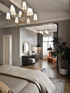 a bedroom with a large bed and lots of lights