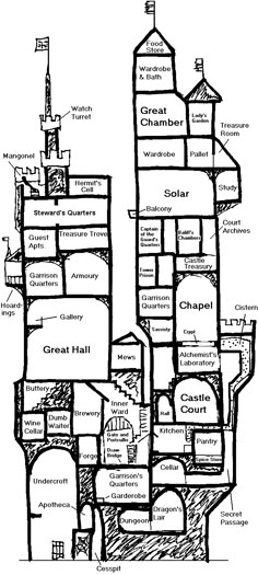 a black and white drawing of a tall building with lots of names on the side