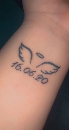 a small tattoo on the wrist of a woman's left arm that reads 3500