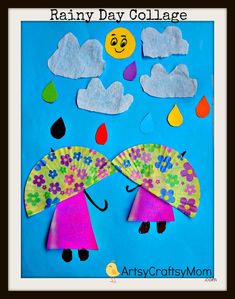 Rainy Day Paper Collage Art for Kids 15 Rainy Day Collage, Rain Crafts, Kunst Collages, Cupcake Liner Crafts, Easy Craft Ideas For Kids, Umbrella Craft, Flowers Valentines, Class Crafts, Weather Crafts