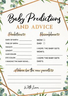 a baby's advice card with eucalyptus leaves on the front and green leaves on the back