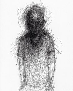 a black and white drawing of a person with their head turned to the side, standing in front of a wall