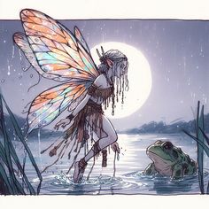 a fairy is standing next to a frog in the water