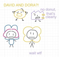 four different colored cartoon faces with the words david and dora? no, that's clearly