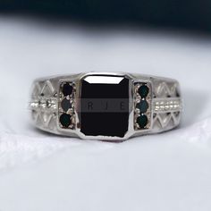 NATURAL BLACK ONYX GEM WEDDING BAND RING PERFECT PROMISE GIFT FOR HIM MATERIAL-925 Sterling Silver GEMSTONE- Black Onyx GEMSTONE COLOR- Black GEMSTONE SHAPE- Baguette Cut GENDER- Male, Female BIRTHSTONE- December JEWELRY TYPE- Ring HEALING PROPERTIES OF GEMSTONE- Black Onyx is a powerful protection stone, Black Onyx absorbs and transforms negative energy, and helps to prevent the drain of personal energy. Black Onyx aids the development of emotional and physical strength and stamina, especially December Jewelry, Gents Ring, Physical Strength, Personal Energy, Ring Cushion, Antique Gift, Black Onyx Stone, Black Onyx Ring, Protection Stones