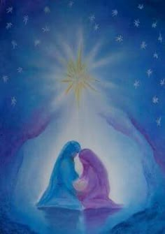 a painting of the birth of jesus in blue and purple colors with stars above it