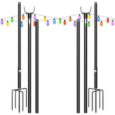 an image of christmas lights hanging on the poles and in front of them is a set of garden utensils