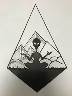 an alien is sitting in the middle of a triangle with mountains and grass behind it