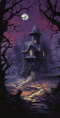 a creepy house in the middle of a forest at night with a full moon behind it