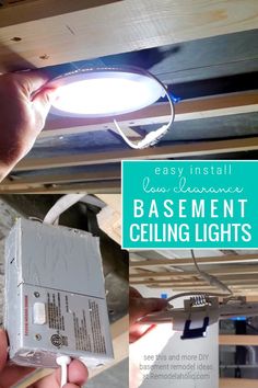 a person holding a light in their hand with the words easy install basement ceiling lights