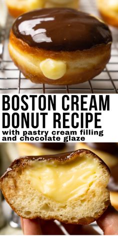 Boston cream donuts with pastry cream filling and chocolate ganache glaze on a metal cooling rack. Crispy Cream Donuts Recipe, Boston Cream Donut Recipe, Easy Chocolate Donut Recipe, Custard Donuts, Boston Cake